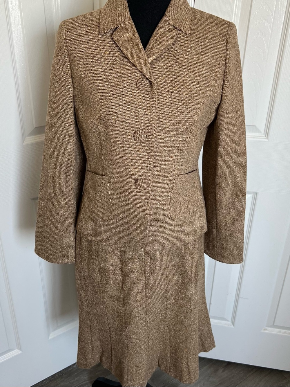 🍂 Vtg Ann Taylor Loft 2 pc Lined Brown Tweed Wool Skirt Suit w Belt Sz 8 Petite